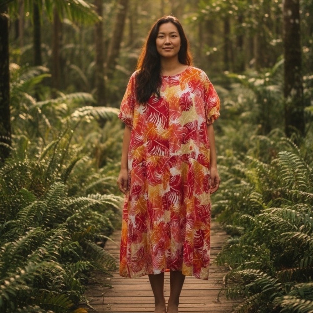 Alex Marie Women 24W Pink Orange Tropical Feather Print V-Neck Midi Dress